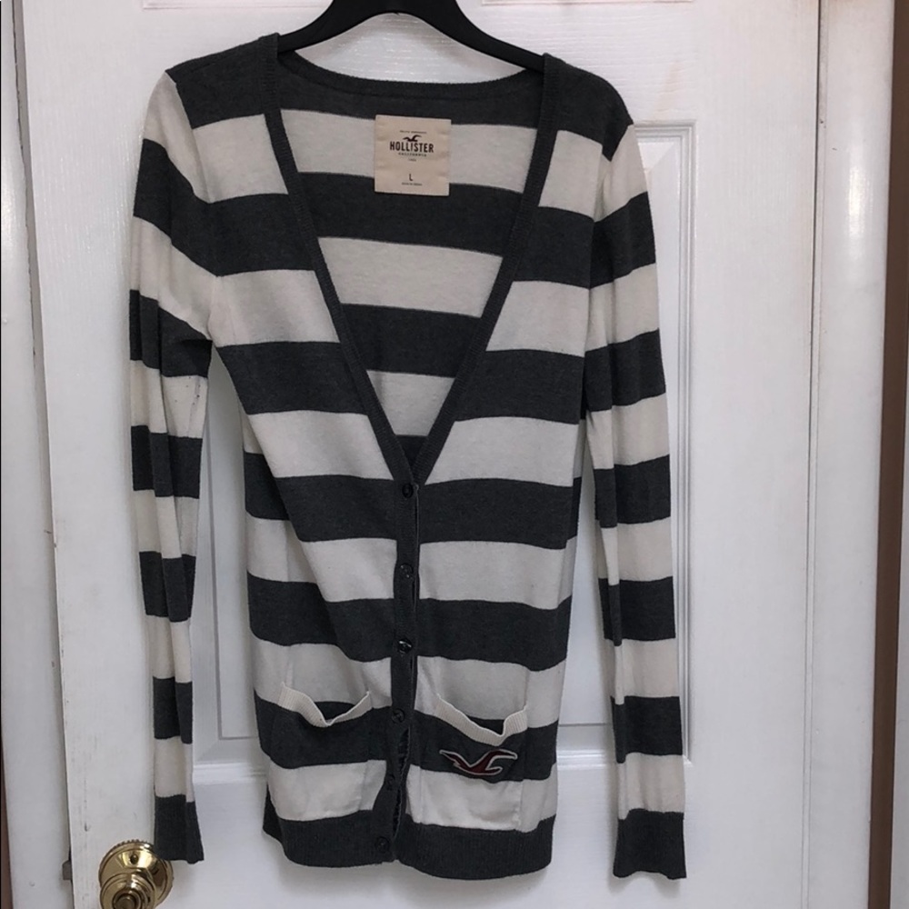 grey and white striped cardigan